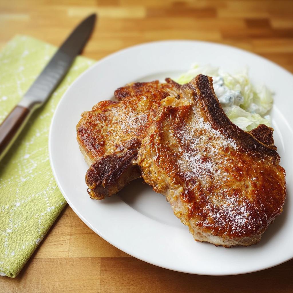 Two perfectly cooked pork chops served on a white plate with a side of coleslaw.