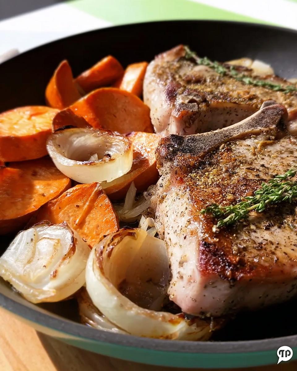 Close-up of two seasoned pork chops with roasted sweet potatoes and onions in a pan.