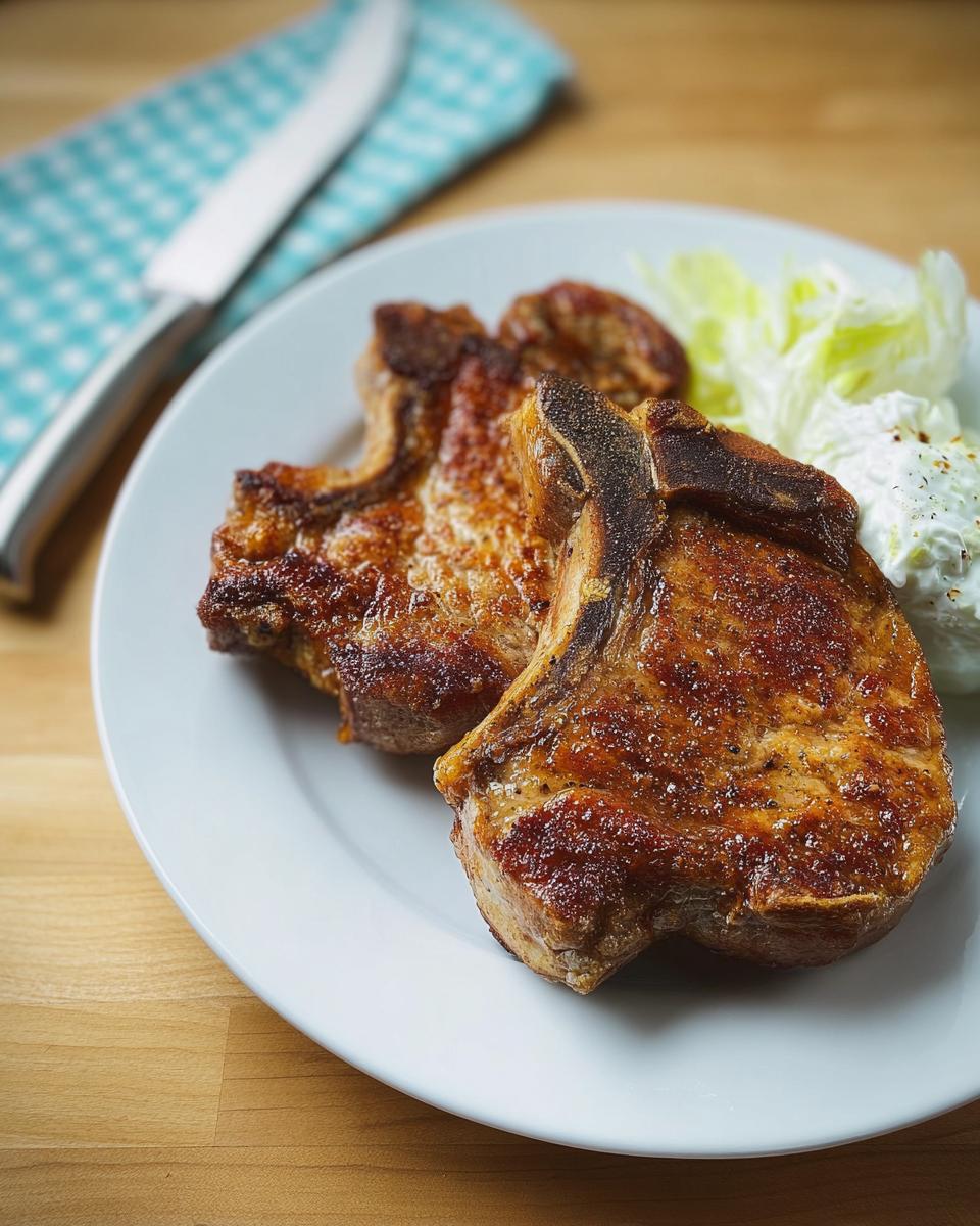 Two juicy, pan-seared pork chops served with a side of fresh lettuce and a creamy sauce.