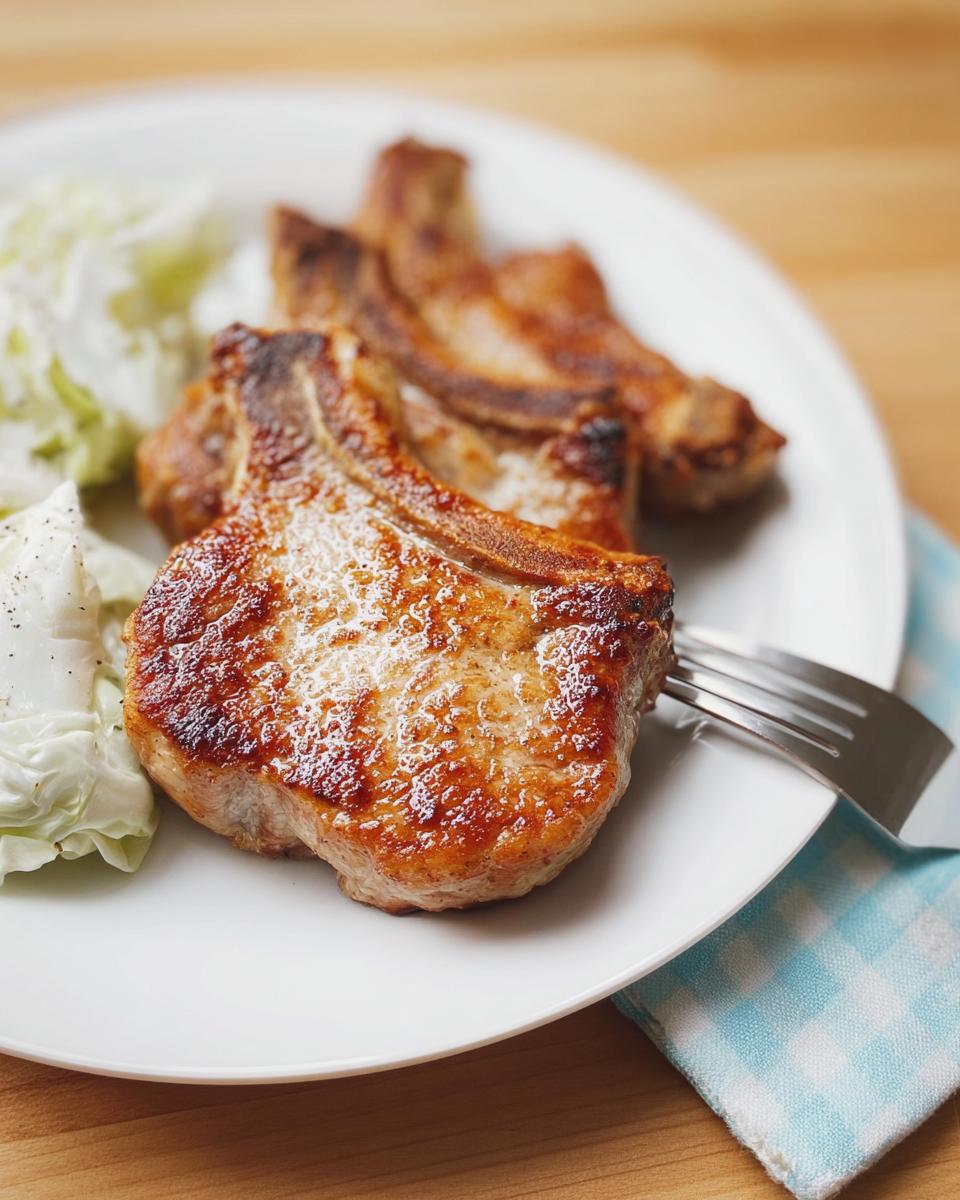 Close-up of perfectly seared pork chops served with a side of shredded lettuce. This pork chops recipe is a family favorite.