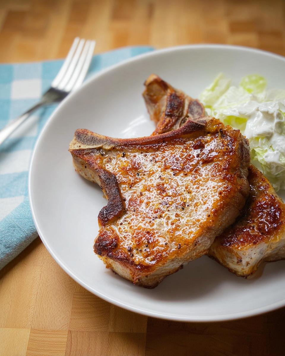 Two juicy pork chops served with a side of fresh lettuce salad and dressing.