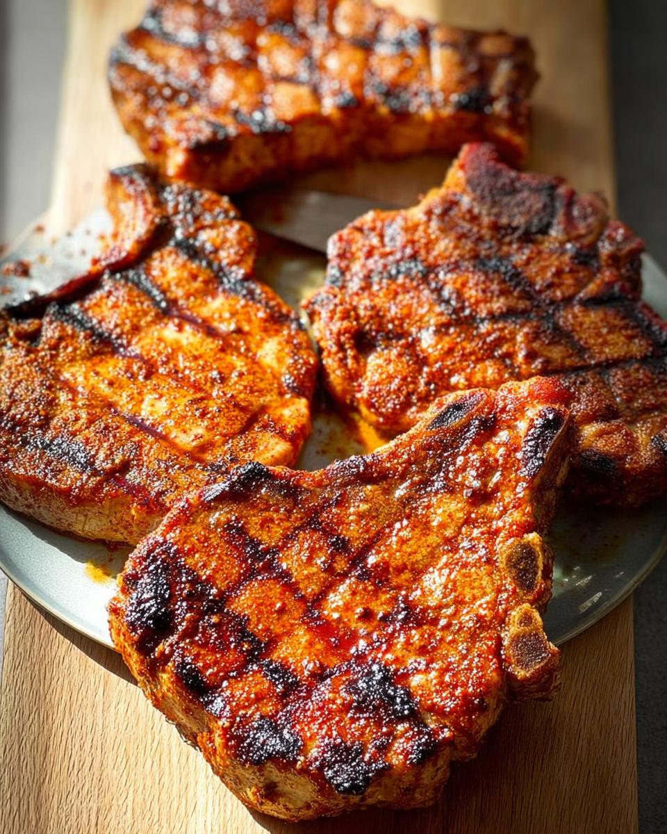 Close-up of four juicy grilled pork chops with grill marks, seasoned with a reddish spice rub.