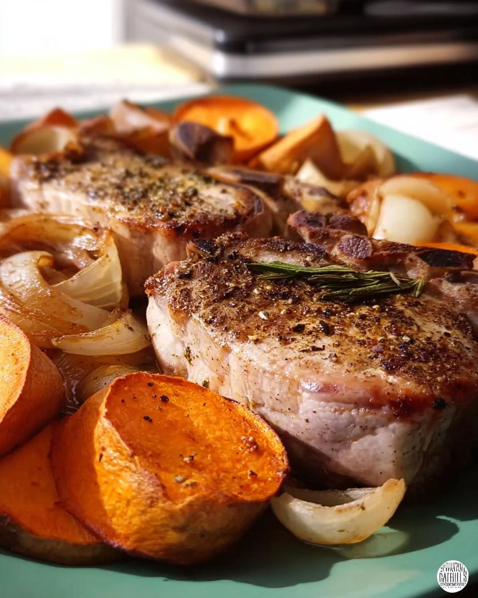 Close-up of juicy pork chops recipes baked with sweet potatoes, onions, and rosemary.