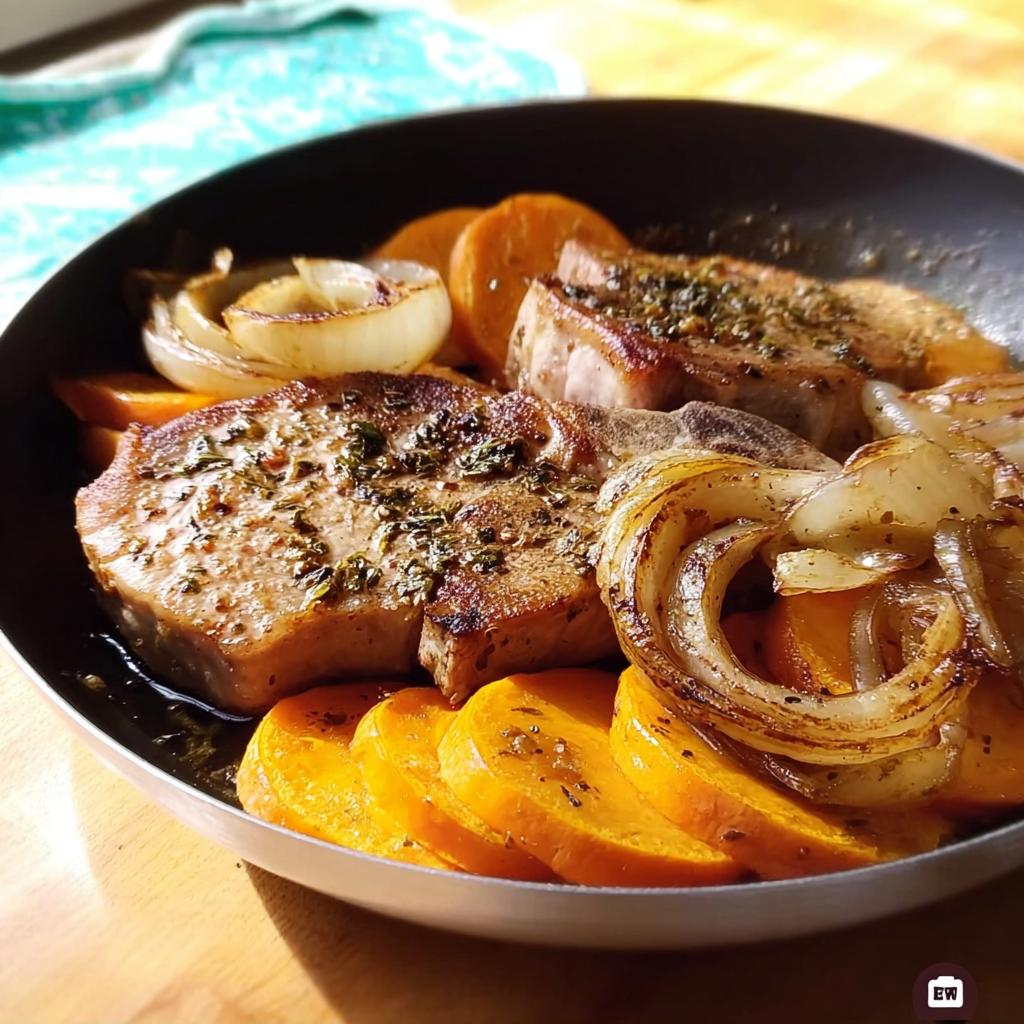 Close-up of pan-seared pork chops with roasted sweet potatoes and onions, seasoned with herbs.