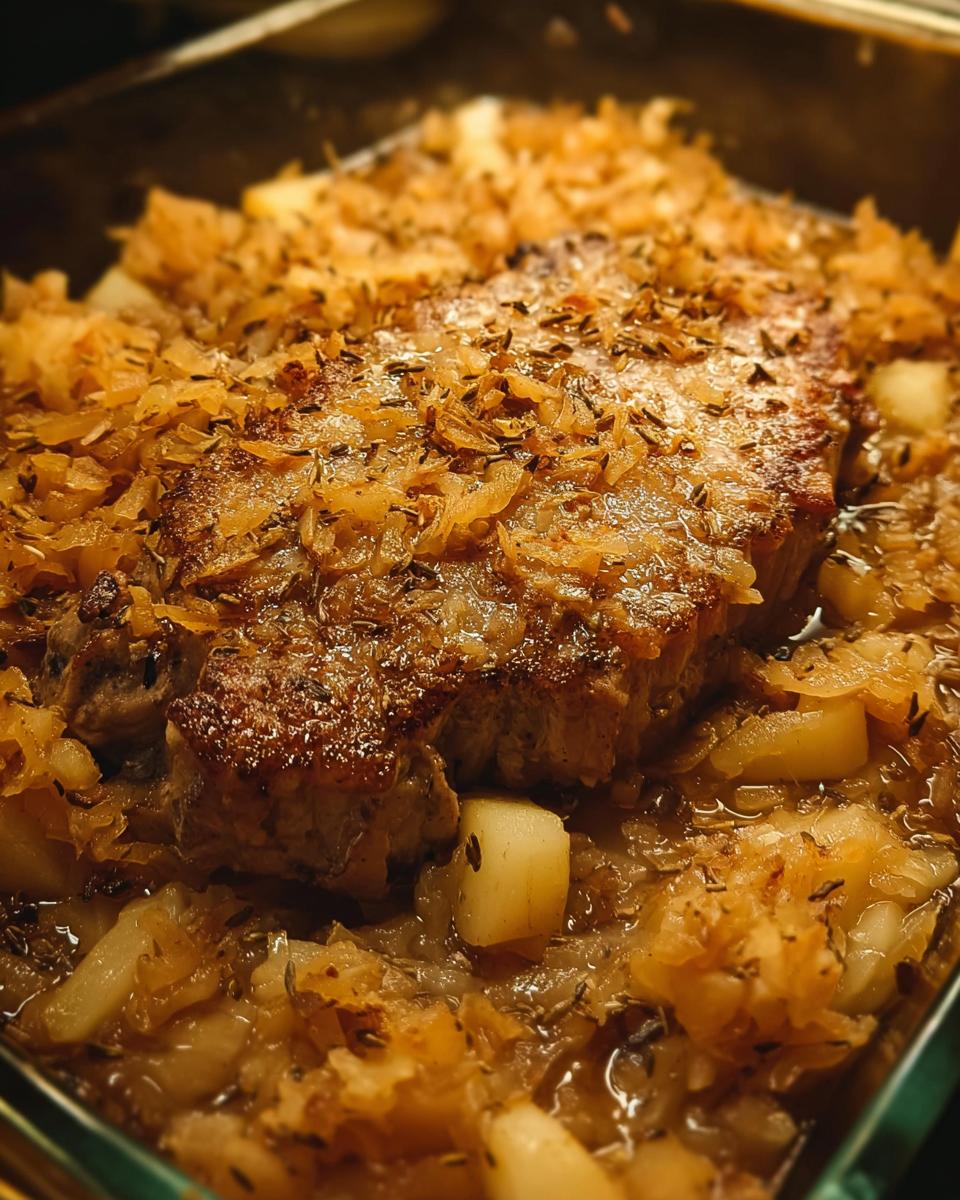 Close-up of juicy pork chops baked with sauerkraut and diced potatoes, seasoned with herbs.