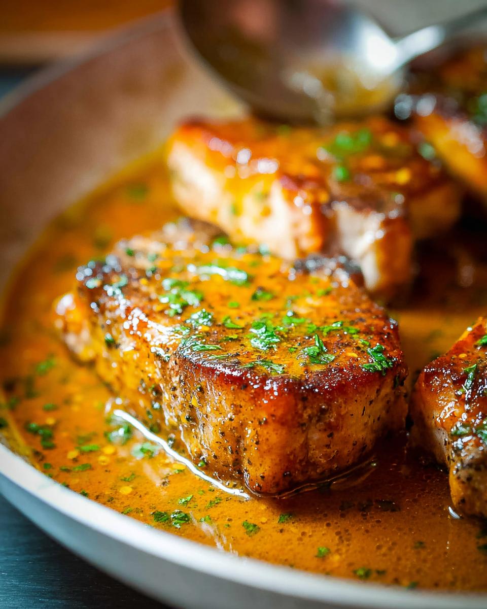 Close-up of juicy pork chops in a rich, savory sauce, garnished with fresh parsley. Perfect for beginners.