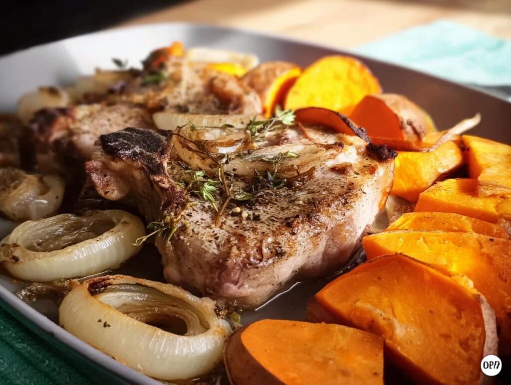 Close-up of perfectly cooked pork chops with roasted sweet potatoes and caramelized onions, seasoned with herbs.