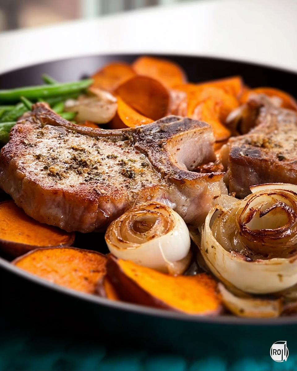 Close-up of perfectly cooked pork chops served with roasted sweet potatoes, onions, and green beans.
