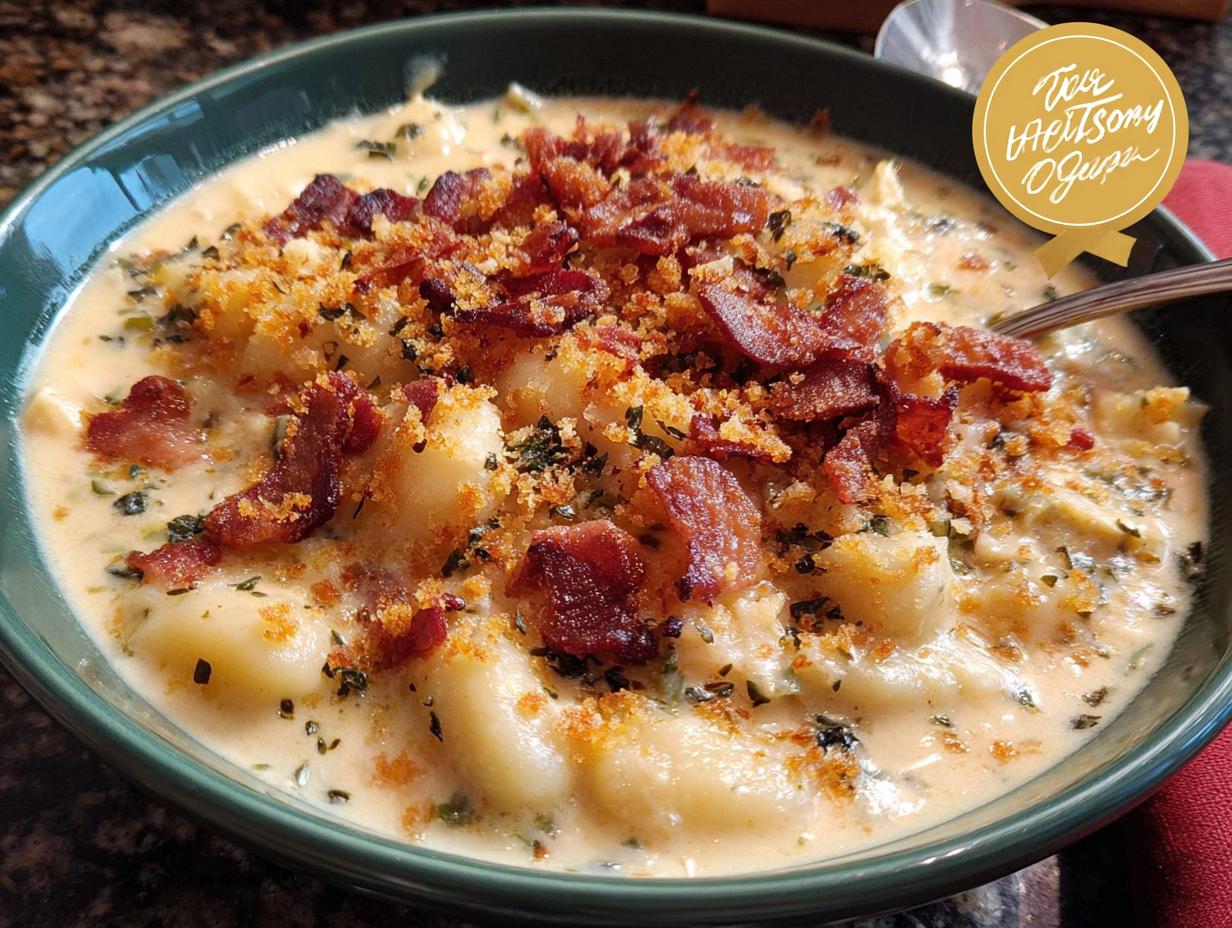 A close-up of a bowl of creamy potato gnocchi soup topped with crispy bacon and breadcrumbs. This is one of the best soup recipes.