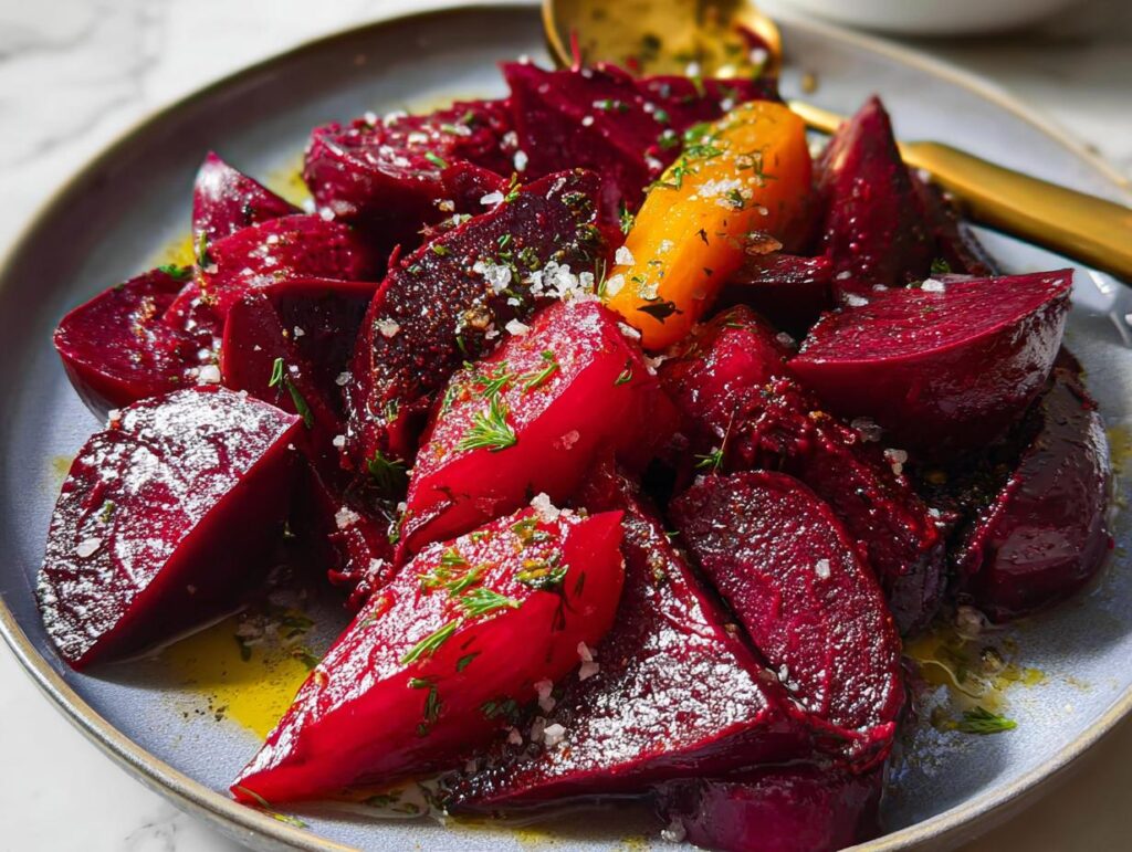A close-up of a vibrant beet salad featuring roasted beet wedges, a single roasted carrot piece, and fresh herbs, drizzled with olive oil and sprinkled with sea salt.