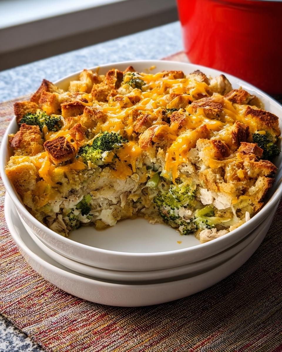 A delicious chicken recipe casserole with broccoli and melted cheddar cheese, topped with toasted bread cubes.