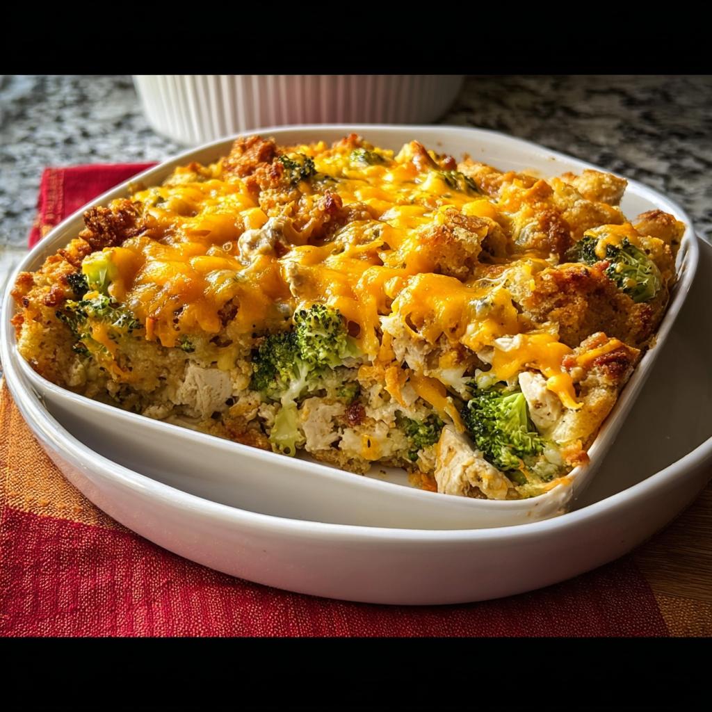 A close-up of a delicious chicken casserole with broccoli and melted cheddar cheese, showcasing a hearty and comforting dish.