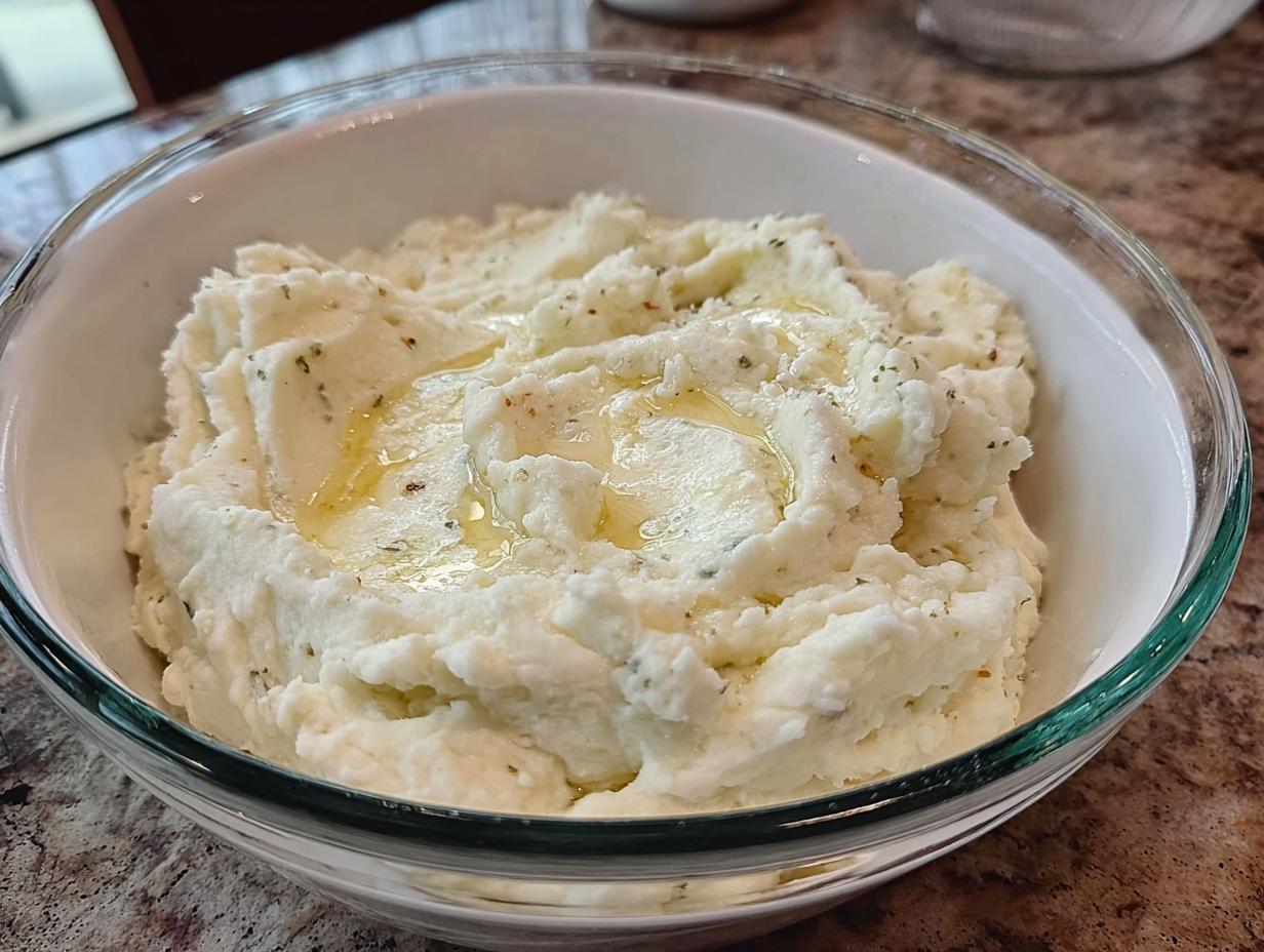 A close-up of creamy, fluffy mashed potatoes in a glass bowl, topped with melted butter and herbs, part of a Pro Mashed Potatoes Recipe.