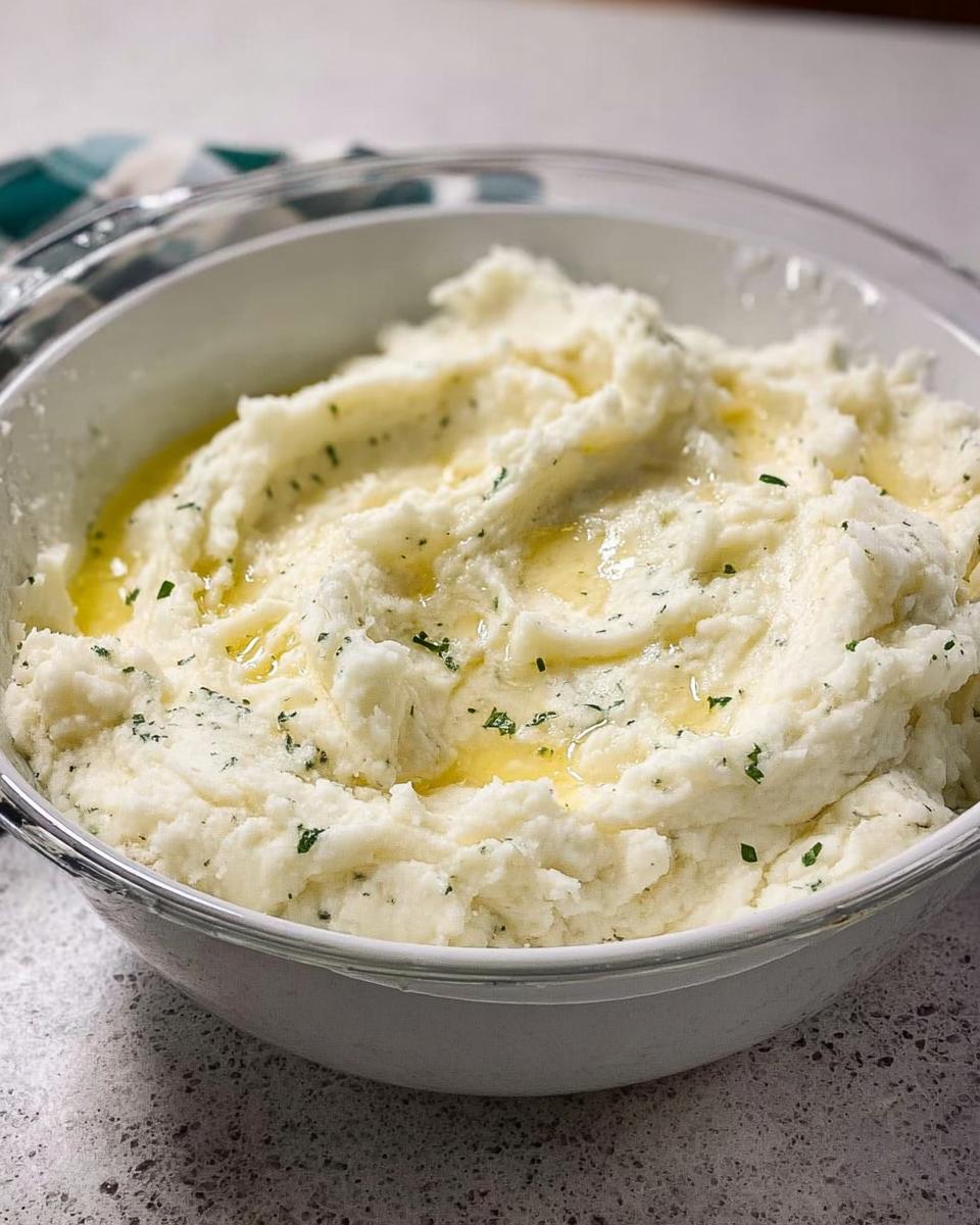 Close-up of creamy mashed potatoes with melted butter and parsley, a perfect side dish for any meal.