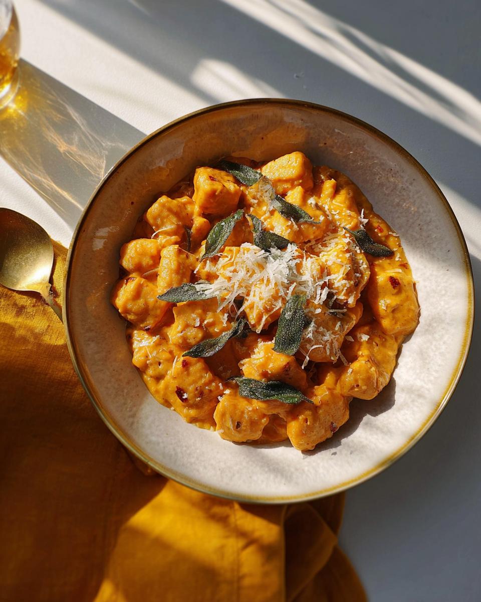 A bowl of creamy pumpkin gnocchi pasta topped with sage and grated cheese, part of our popular pasta recipes.