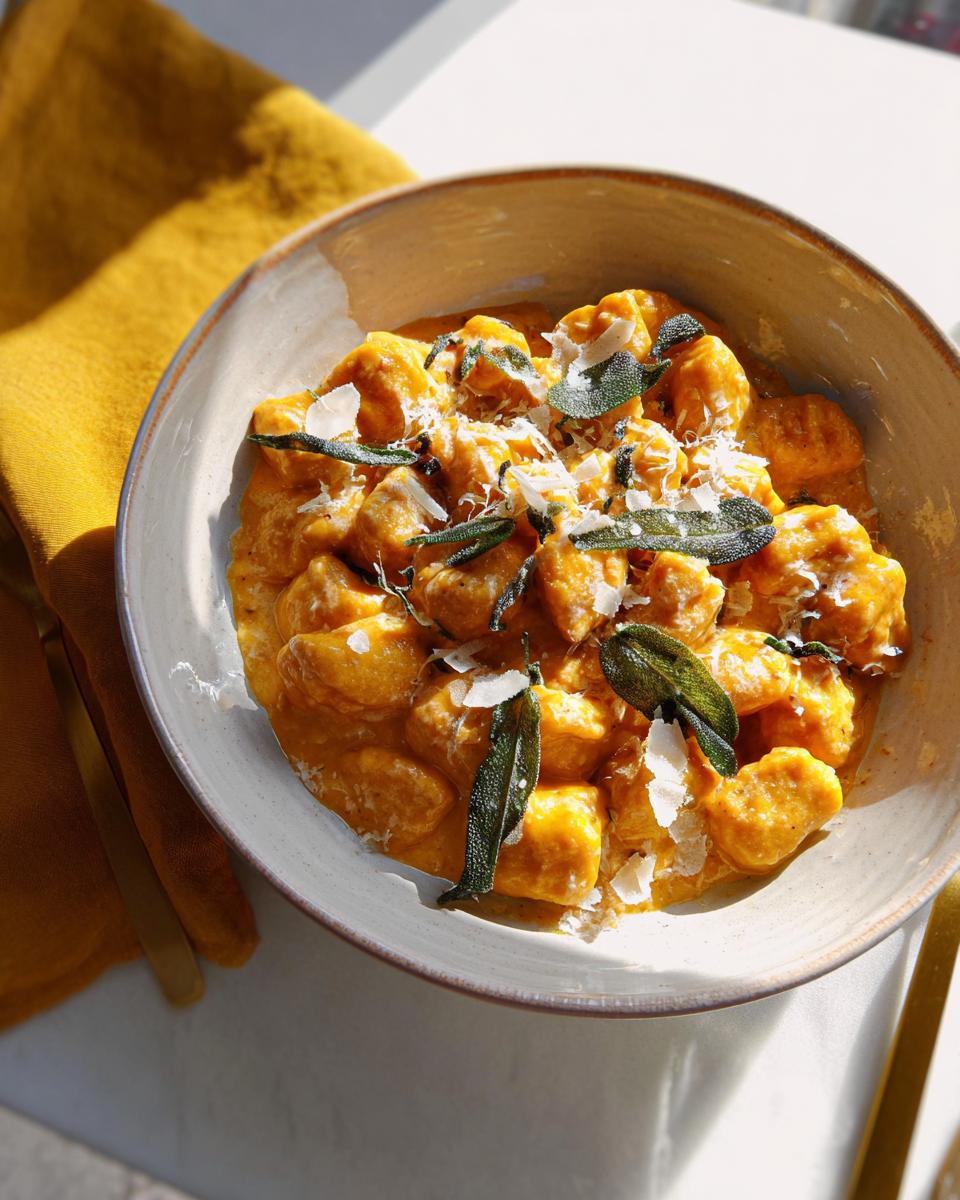A bowl of creamy pumpkin gnocchi pasta recipe topped with sage and parmesan cheese.