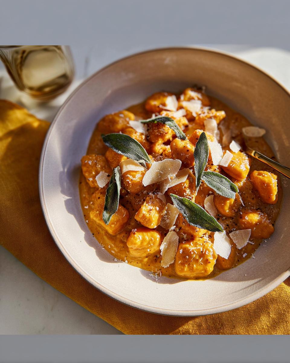 Close-up of pumpkin gnocchi pasta in a creamy sauce, topped with sage leaves and shaved parmesan.