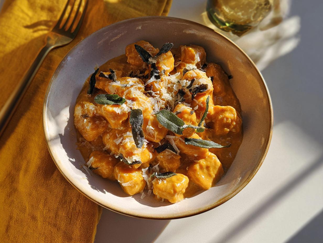 Close-up of creamy pumpkin gnocchi pasta, topped with sage and parmesan cheese.