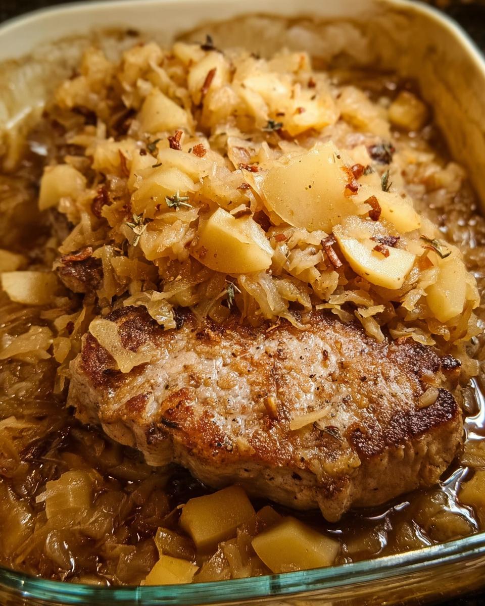 A perfectly cooked pork chop topped with caramelized onions and diced apples, part of a quick pork chops recipe.