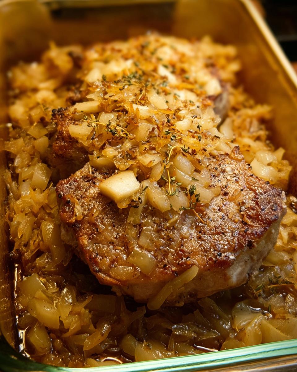 Close-up of tender pork chops baked with caramelized onions and fresh thyme, a delicious quick pork chops recipe.