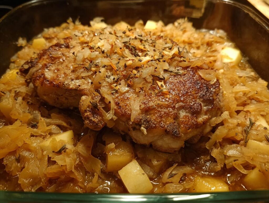 Close-up of a tender pork chop baked with onions and potatoes, a perfect quick pork chops recipe.