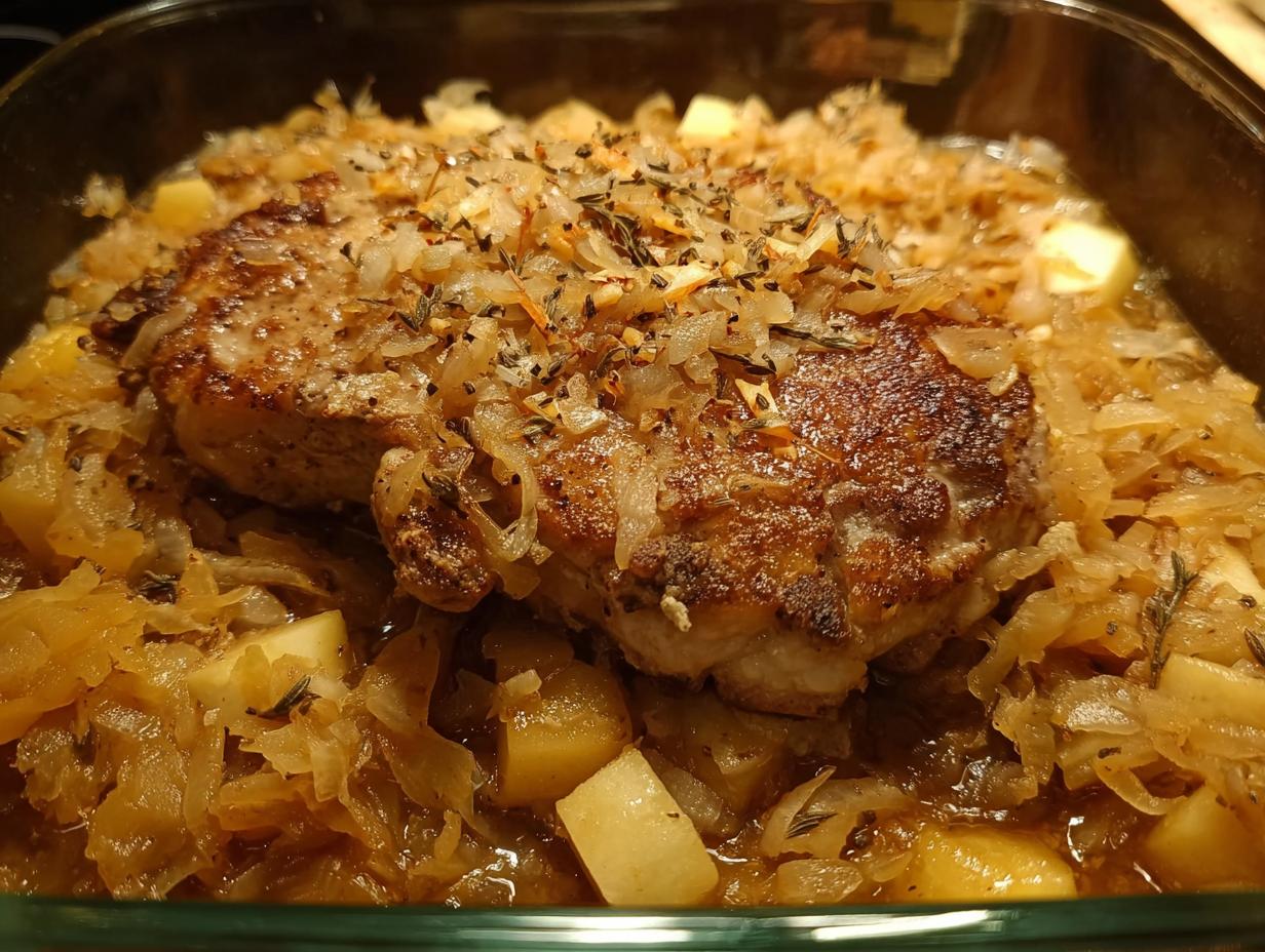 Close-up of a tender pork chop baked with onions and potatoes, a perfect quick pork chops recipe.