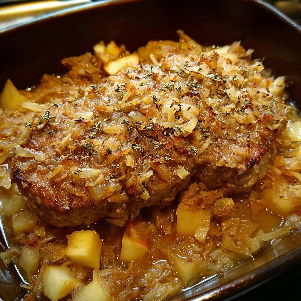 Close-up of a juicy pork chop recipe baked with caramelized onions and diced apples, topped with fresh thyme.