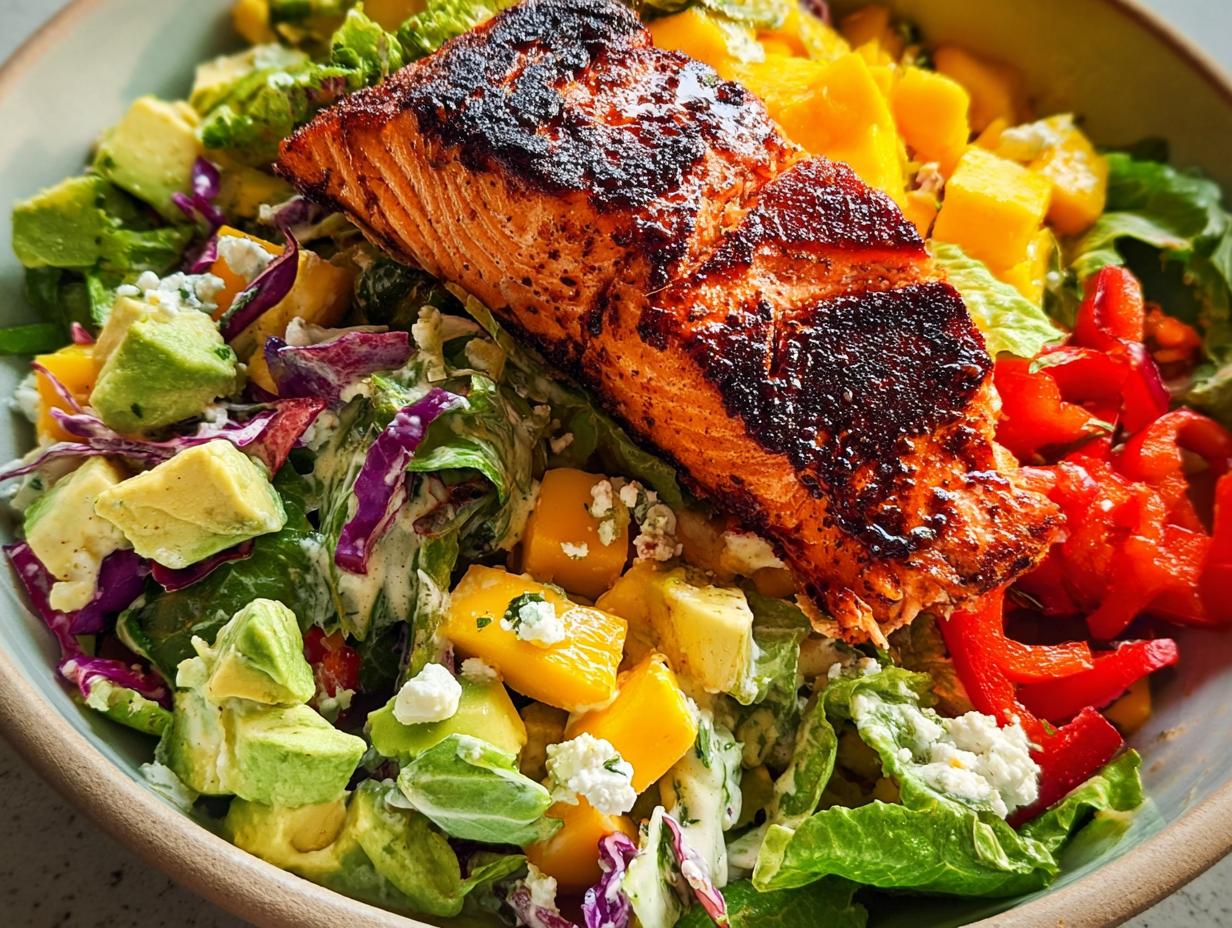 A vibrant salad with a perfectly cooked salmon fillet, avocado, mango, red cabbage, and bell peppers, tossed in a creamy dressing.
