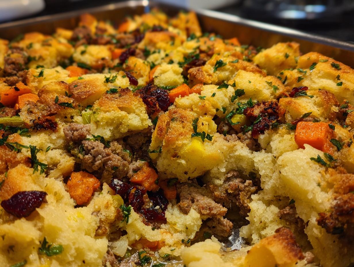 Close-up of a hearty sausage stuffing with cranberries and carrots, a perfect stuffing recipe ready in 20 minutes.