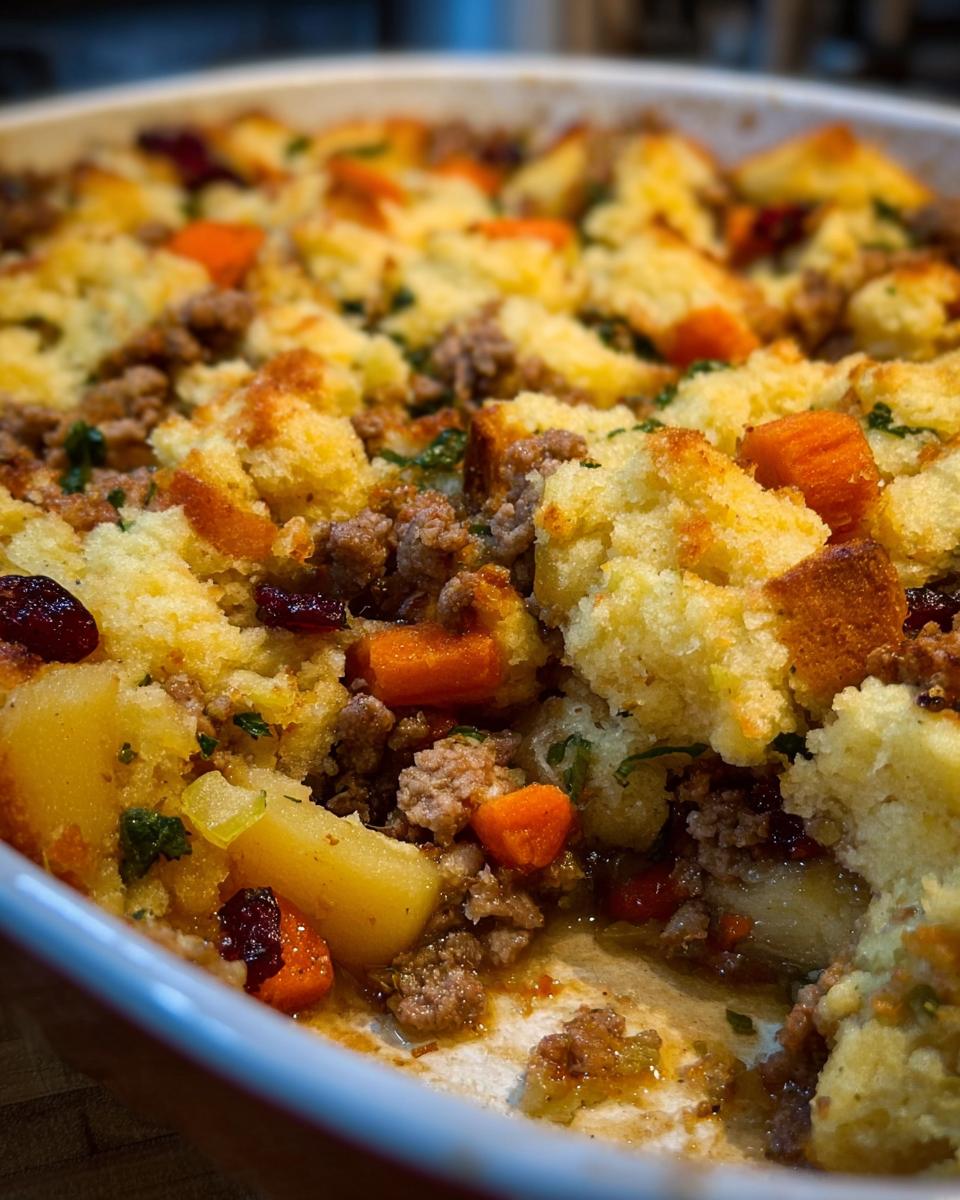 A close-up of a hearty sausage stuffing recipe with bread cubes, carrots, and cranberries.