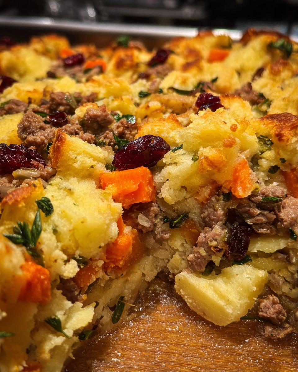 Close-up of a hearty stuffing recipe with sausage, cranberries, and carrots, perfect for a weeknight meal.