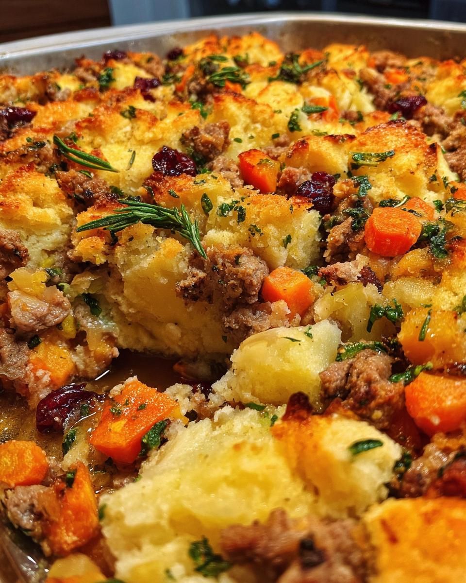 Close-up of a savory stuffing recipe with sausage, cranberries, carrots, and herbs.