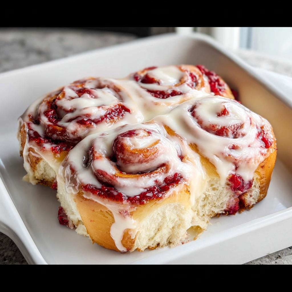 Close-up of four fluffy raspberry swirl breakfast rolls drizzled with white icing in a white baking dish.