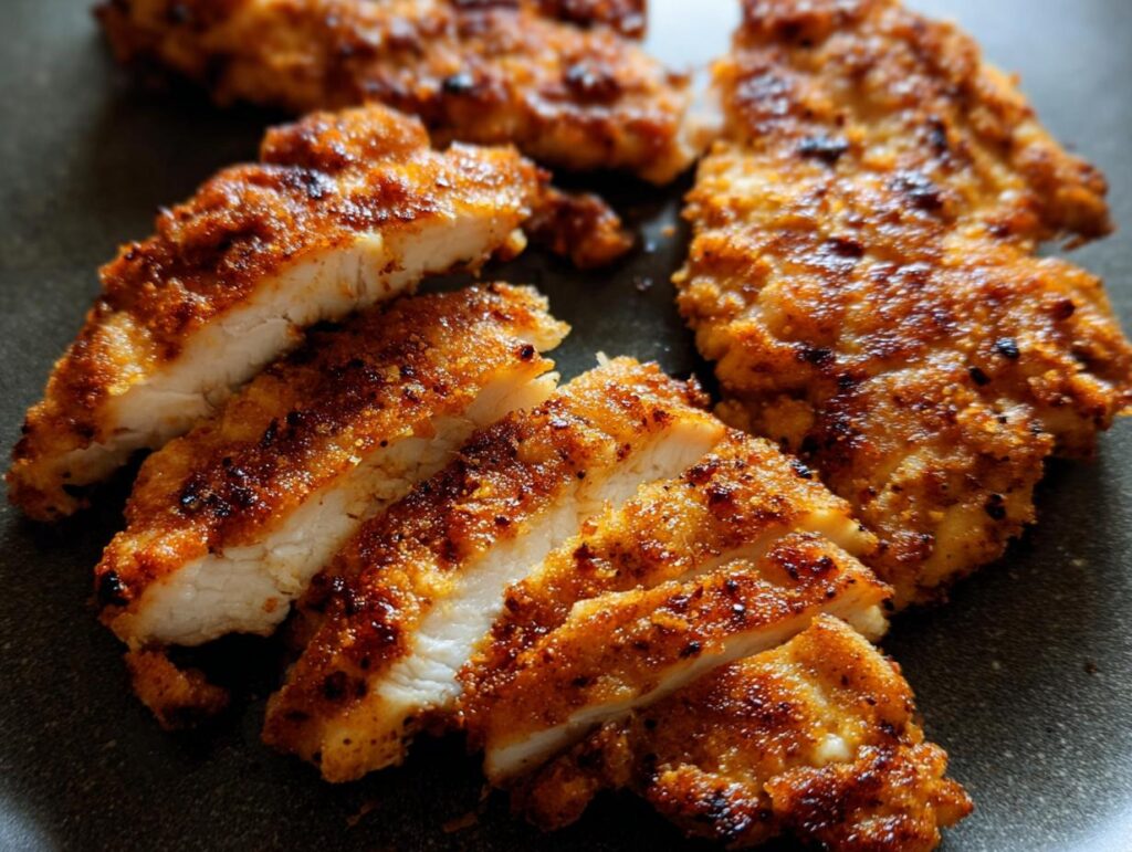 Close-up of perfectly cooked, crispy restaurant-style air fryer chicken cutlets, sliced to reveal juicy white meat.
