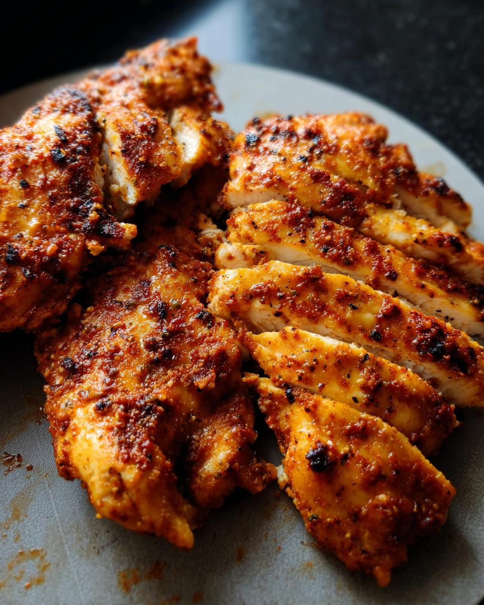 Close-up of sliced, seasoned chicken breast cooked in an air fryer, perfect for restaurant-style air fryer chicken recipes at home.