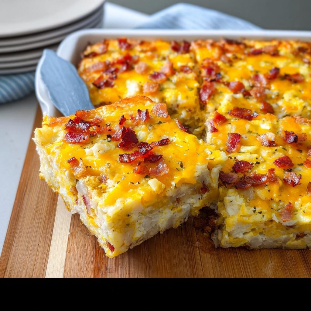 A slice of restaurant-style breakfast casserole with bacon and melted cheese, a perfect addition to your breakfast ideas recipes at home.