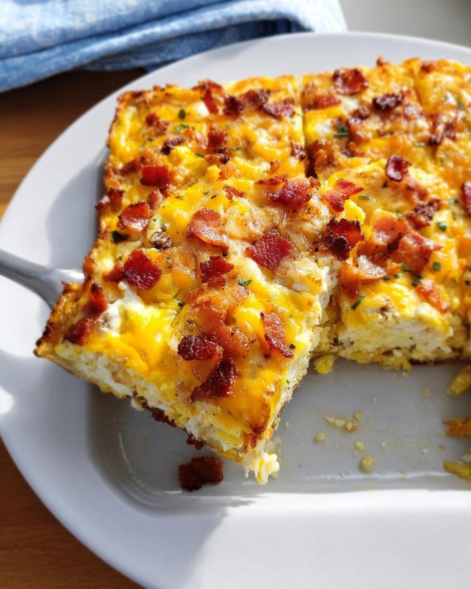 A slice of restaurant-style breakfast casserole with eggs, cheese, and bacon, served on a white plate.