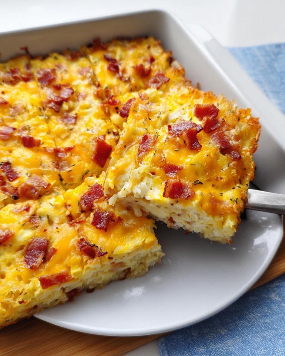 A slice of a restaurant-style breakfast casserole with bacon and melted cheese, ready to serve.
