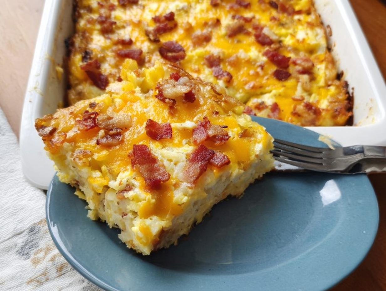 A slice of restaurant-style breakfast casserole topped with melted cheese and crispy bacon, ready to be enjoyed as part of your breakfast ideas recipes at home.