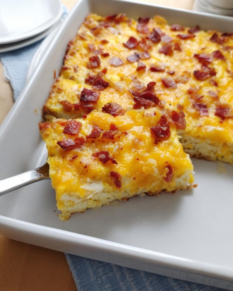 A slice of restaurant-style breakfast casserole with eggs, cheese, and bacon, served from a white baking dish.