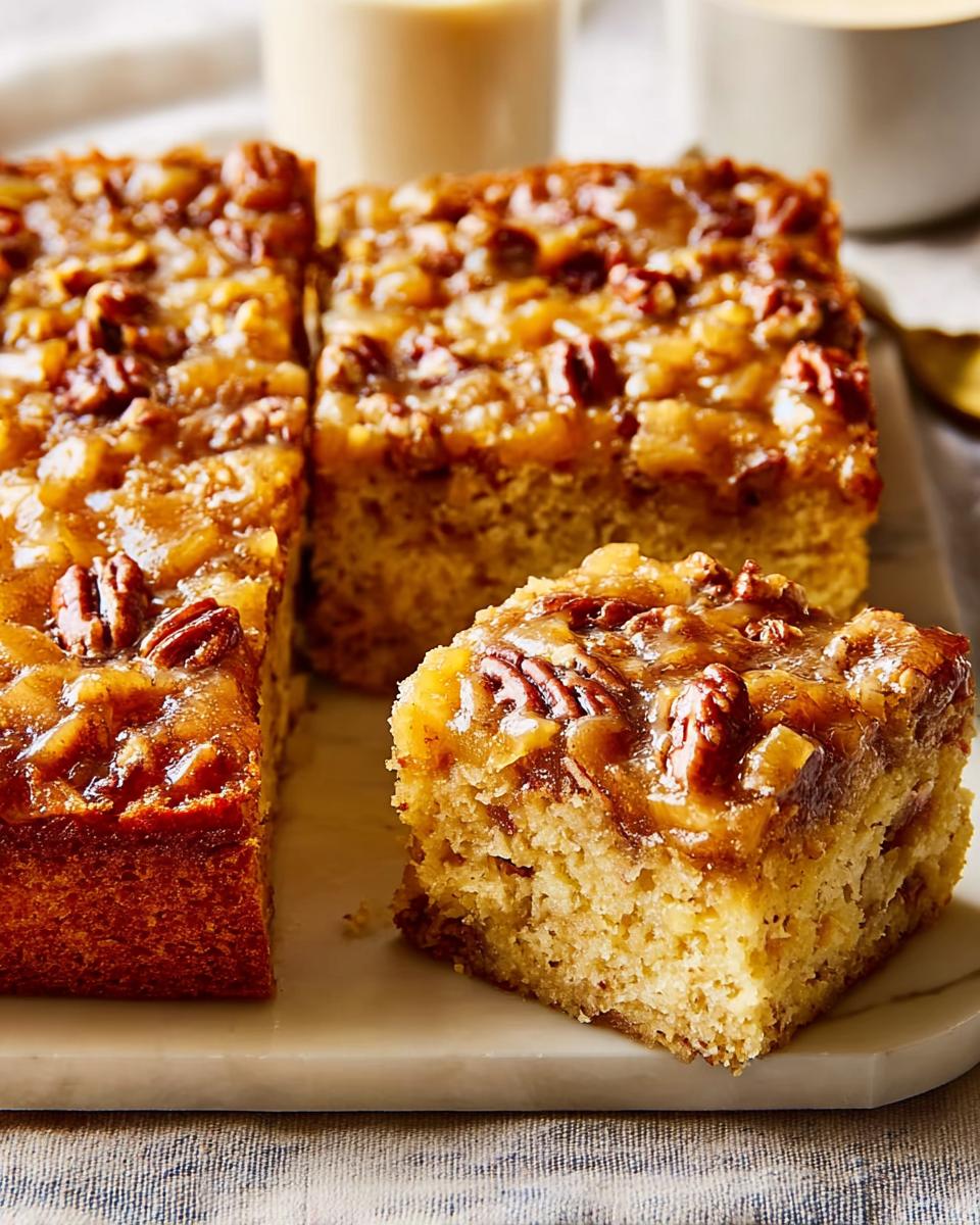A slice of restaurant-style cake topped with pecans and a glossy caramel glaze.