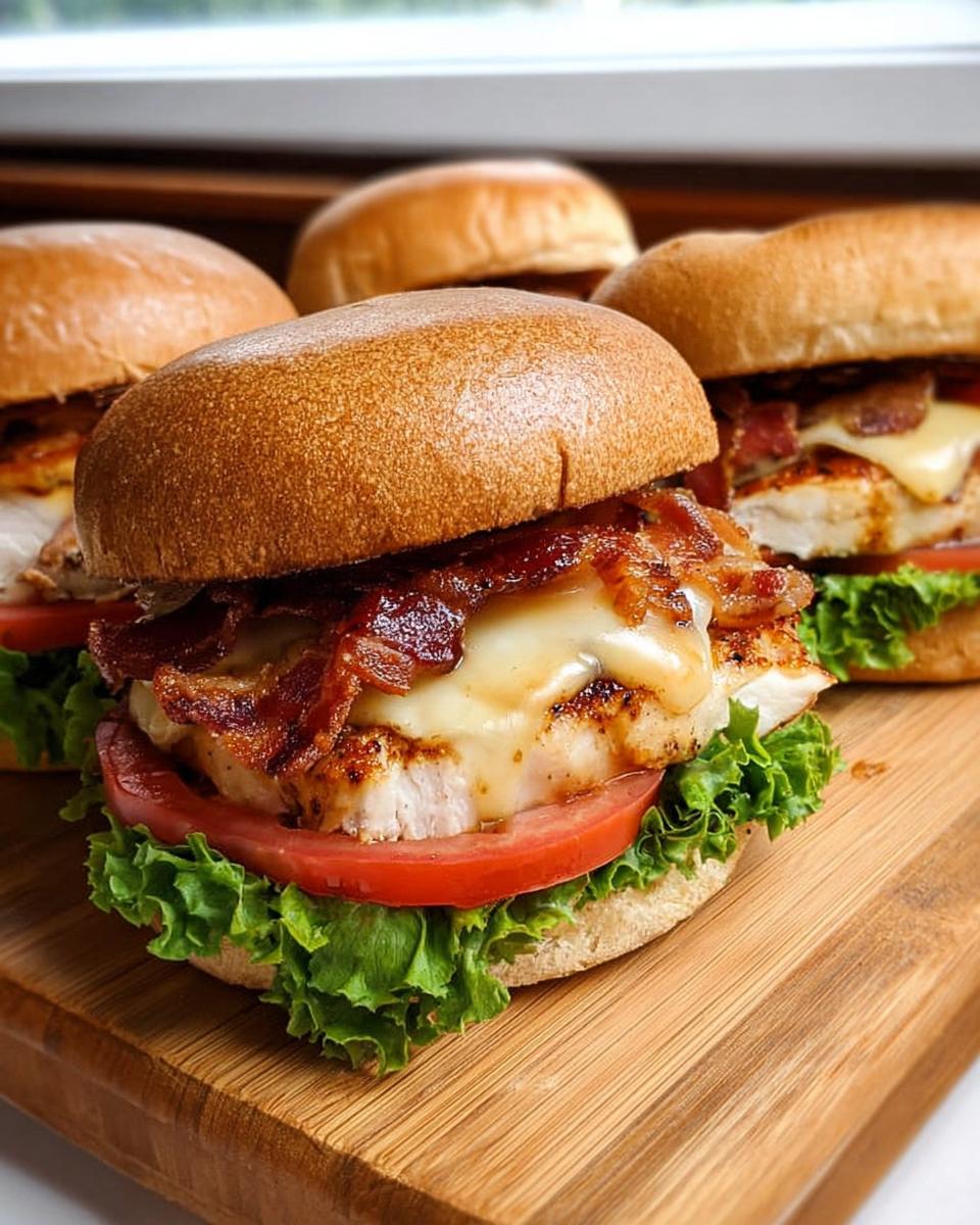 Close-up of a delicious chicken bacon burger, a restaurant-style easy dinner recipe at home, with melted cheese and fresh toppings.