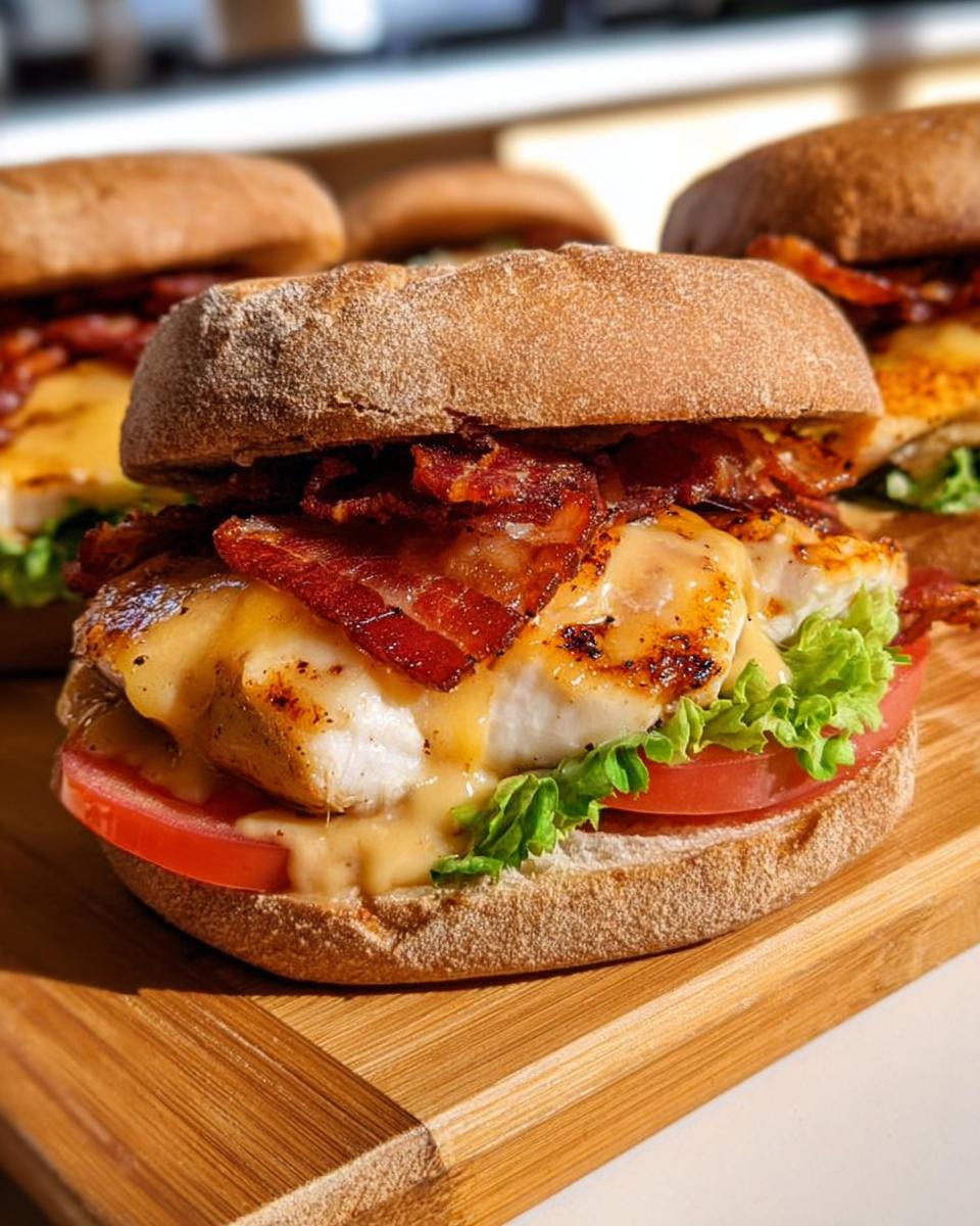 Close-up of a delicious restaurant-style chicken bacon burger with melted cheese, lettuce, and tomato.