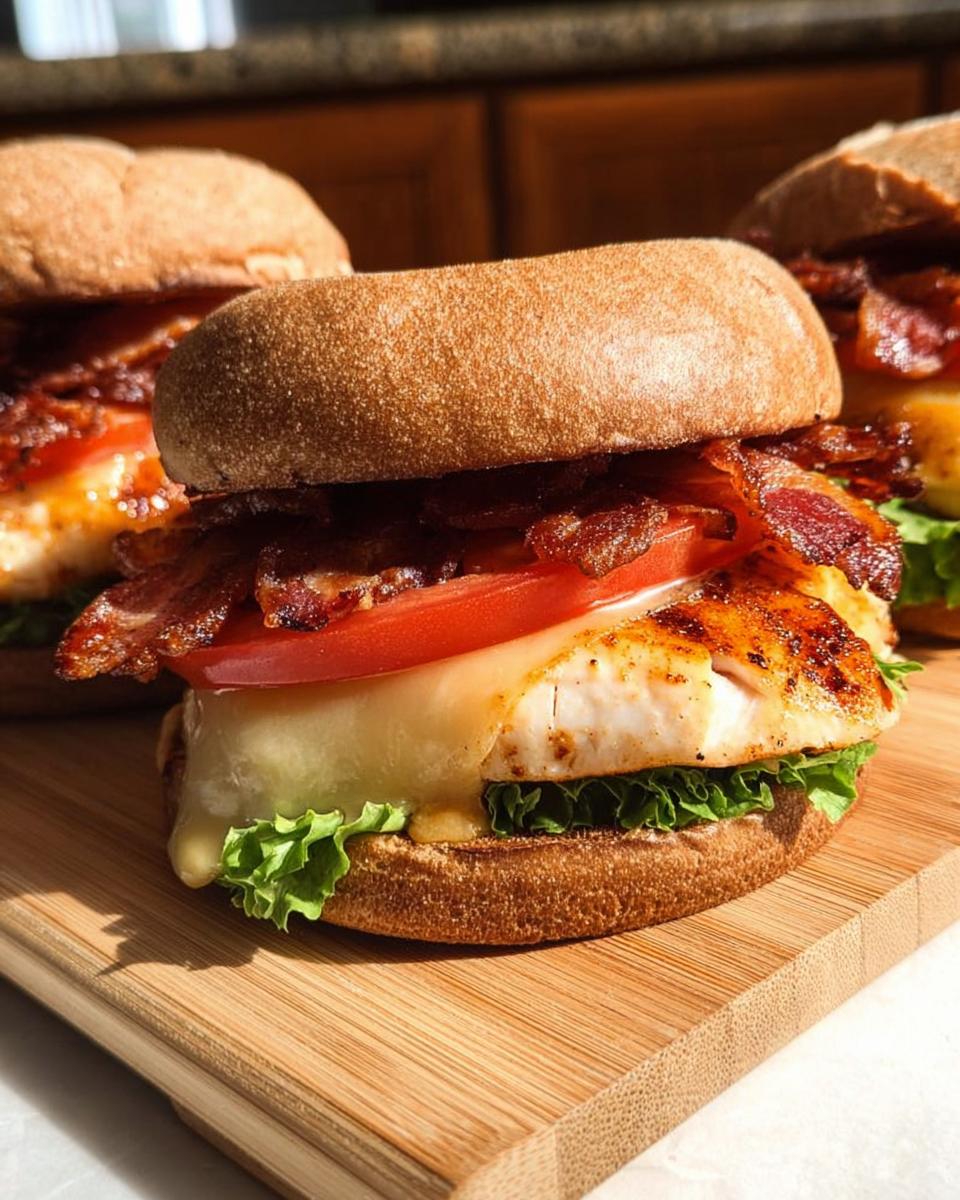 A delicious chicken bacon burger with melted cheese, tomato, and lettuce, part of restaurant-style easy dinner recipes at home.