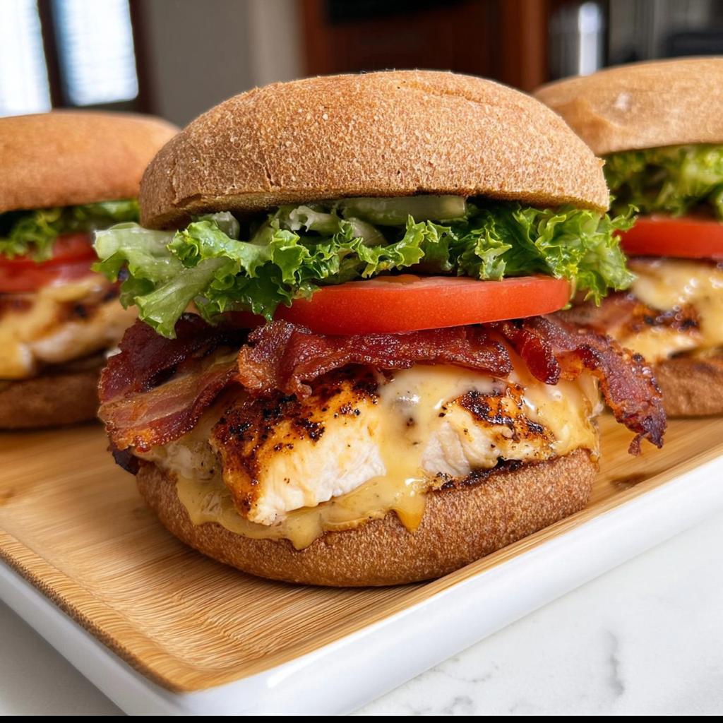 Close-up of a delicious restaurant-style chicken bacon burger with melted cheese, lettuce, and tomato on a whole wheat bun.