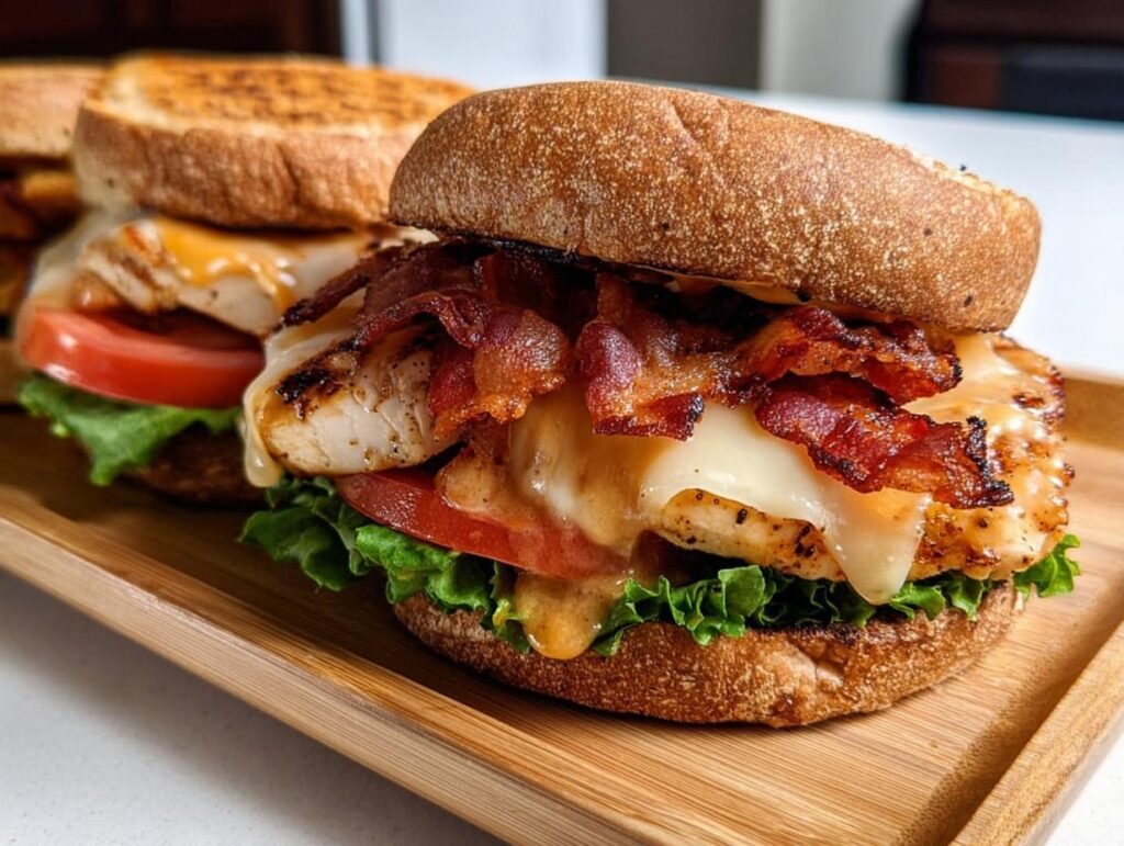 Close-up of a delicious restaurant-style chicken bacon sandwich with melted cheese, lettuce, and tomato, perfect for easy dinner recipes at home.