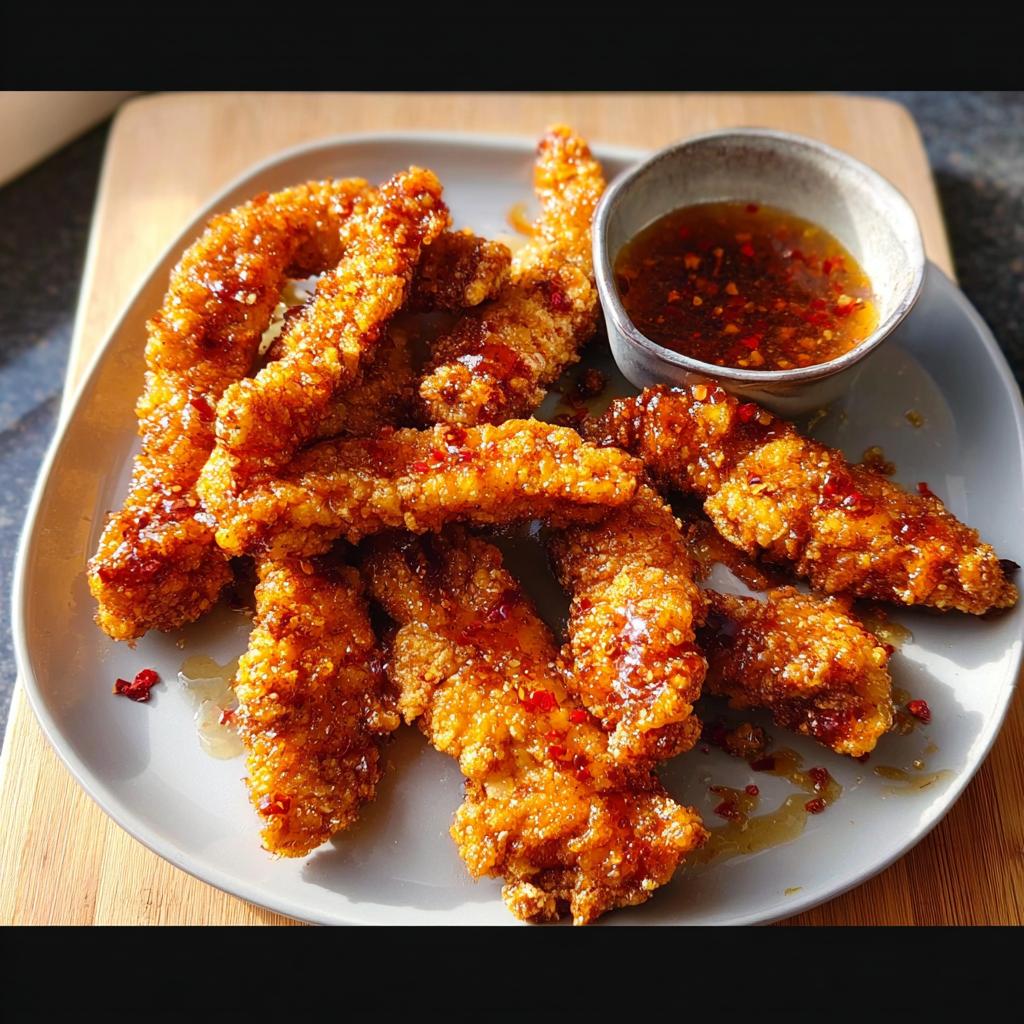 Close-up of crispy honey garlic chicken strips, glistening with sauce and sprinkled with red pepper flakes, served with a dipping sauce.