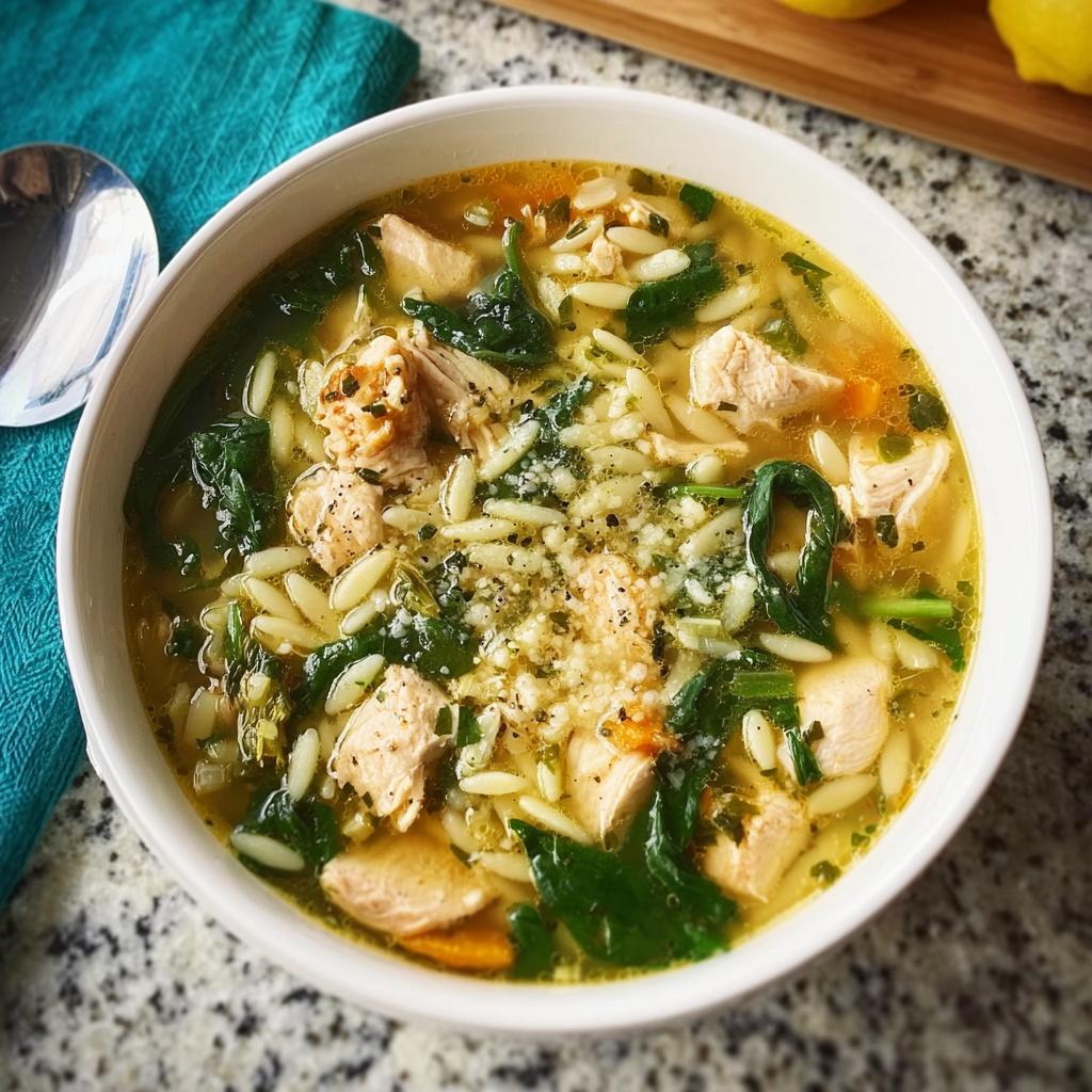 A bowl of comforting chicken orzo soup with spinach and carrots, perfect for restaurant-style soup recipes at home.