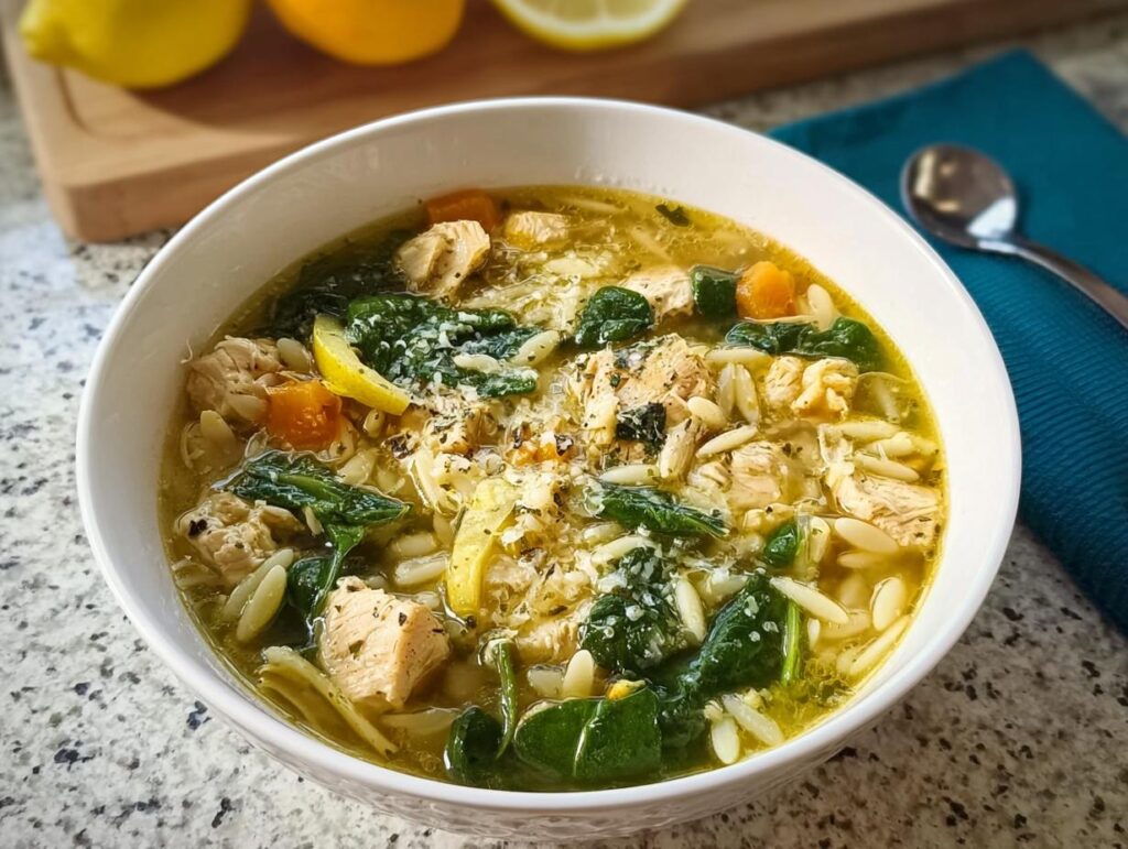 A bowl of restaurant-style chicken orzo soup with spinach, carrots, and lemon slices, topped with parmesan cheese.