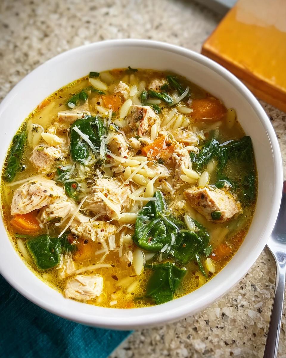 A bowl of hearty chicken orzo soup with spinach and carrots, a perfect example of restaurant-style soup recipes at home.